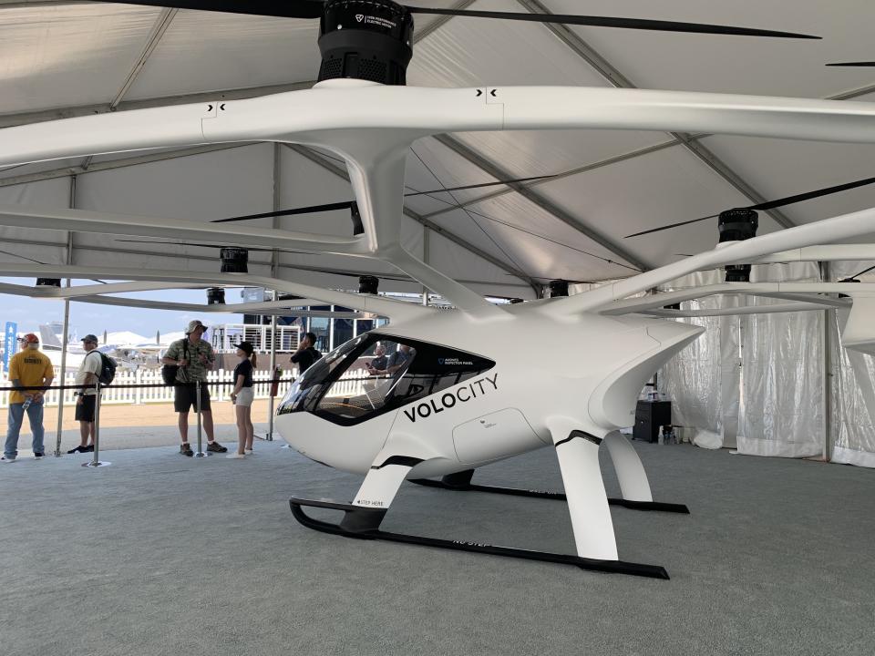 Germany-based Volocopter is seeking to bring VoloCity air taxi to Singapore within the next few years. There are 18 propellers on the electric two-person aircraft. July 27, 2021 at EAA AirVenture.