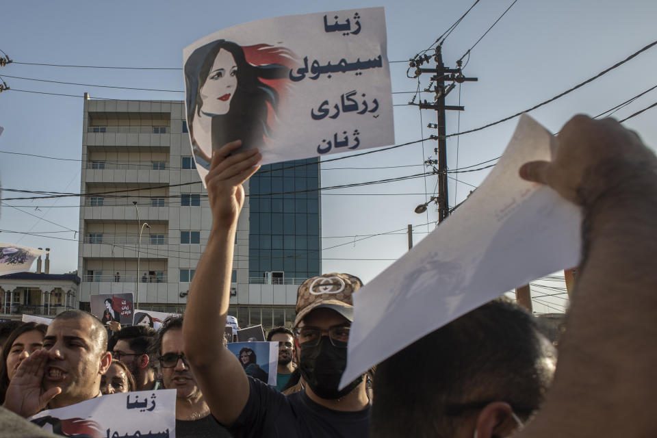 FILE - Protesters gather in Sulaimaniyah on Sept. 28, 2022, protest the killing of Mahsa Amini, an Iranian Kurdish woman after she was arrested in Tehran by morality police for wearing her headscarf improperly. Spontaneous mass gatherings to persistent scattered demonstrations have unfolded in Iran, as nationwide protests over the death of a young woman in the custody of the morality police enter their fourth week. (AP Photo/Hawre Khalid, Metrography, File)