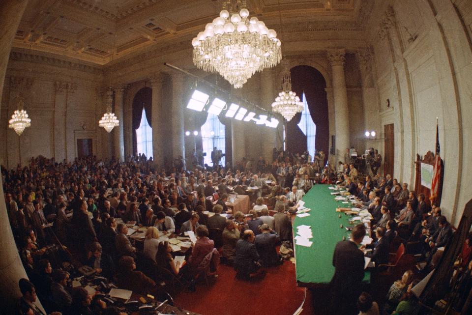 In this May 18, 1973, file photo, the hearing of the Senate select committee on the Watergate case on Capitol Hill in Washington. In 1973, millions of Americans tuned in to what Variety called 