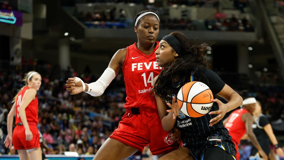 Angel Reese looks to shoot against Indiana Fever. - Kamil Krzaczynski/USA Today Sports/Reuters