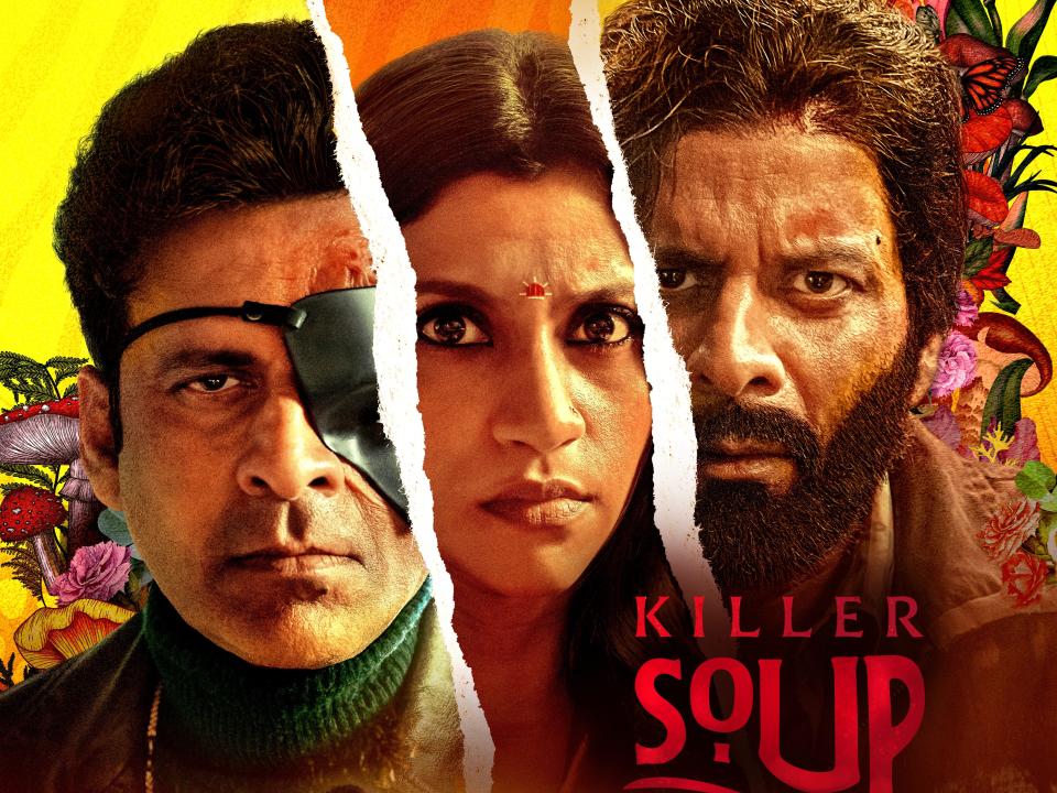 a promotional poster for killer soup, featuring a man, a woman, and another man next to each other with torn paper imagery and bright colors
