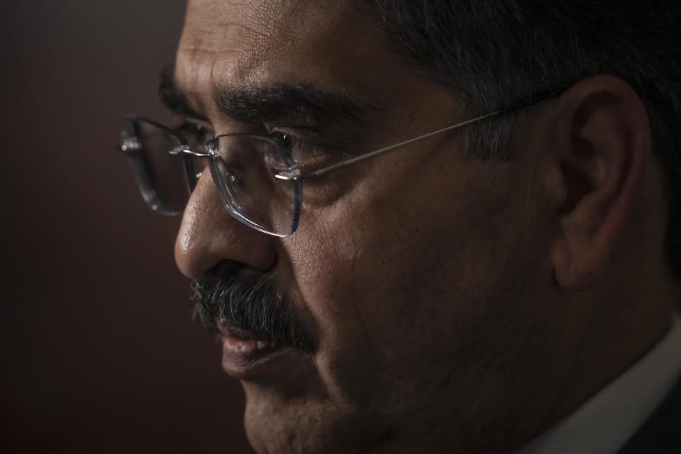 Pakistan's interim Prime Minister Anwaar-ul-Haq Kakar holds an interview, during his visit for the United Nations General Assembly, Friday Sept. 22, 2023 in New York. Kakar said he expects parliamentary elections to take place in the new year, dismissing the possibility that the country’s powerful military would manipulate the results to ensure that jailed former premier Imran Khan’s party doesn’t win. (AP Photo/Bebeto Matthews)