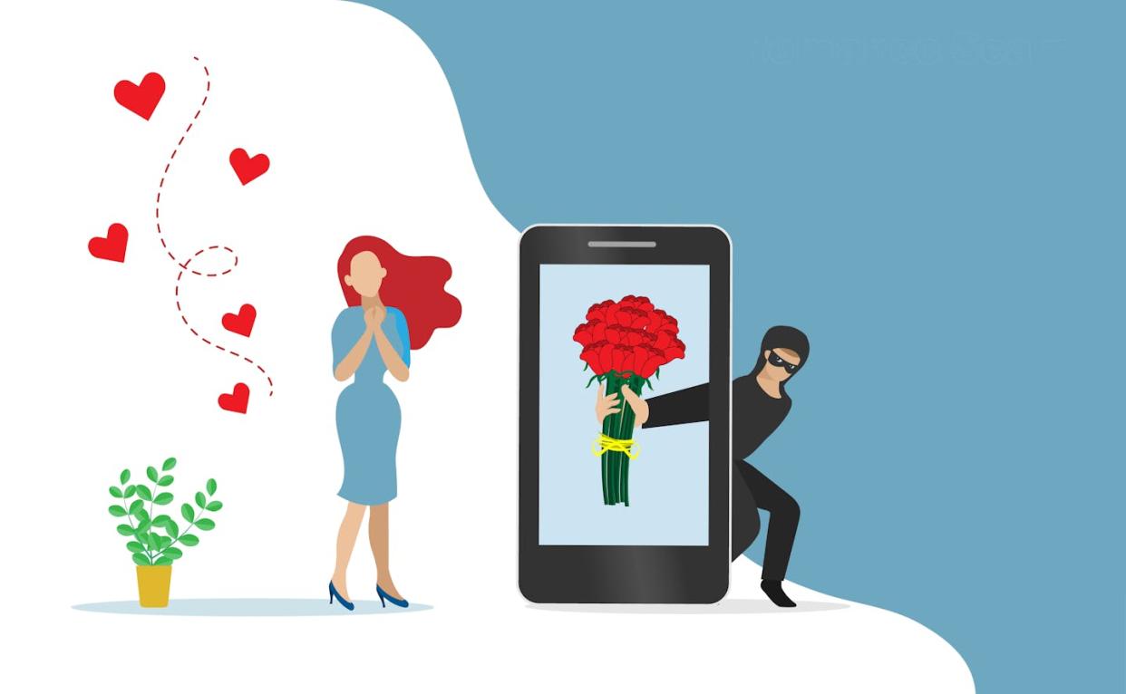 Sometimes, true love is too good to be true. <a href="https://www.gettyimages.com/detail/illustration/romance-scam-dating-scam-cyber-crime-hacking-royalty-free-illustration/1304684845" rel="nofollow noopener" target="_blank" data-ylk="slk:kate3155/iStock via Getty Images;elm:context_link;itc:0;sec:content-canvas" class="link ">kate3155/iStock via Getty Images</a>