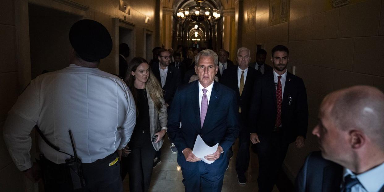 washington, dc april 17 house speaker kevin mccarthy r calif walks out to an event to mark a 100 days of the republican majority in the house on his 100th day as speaker on capitol hill on monday, april 17, 2023, in washington, dc photo by jabin botsfordthe washington post via getty images