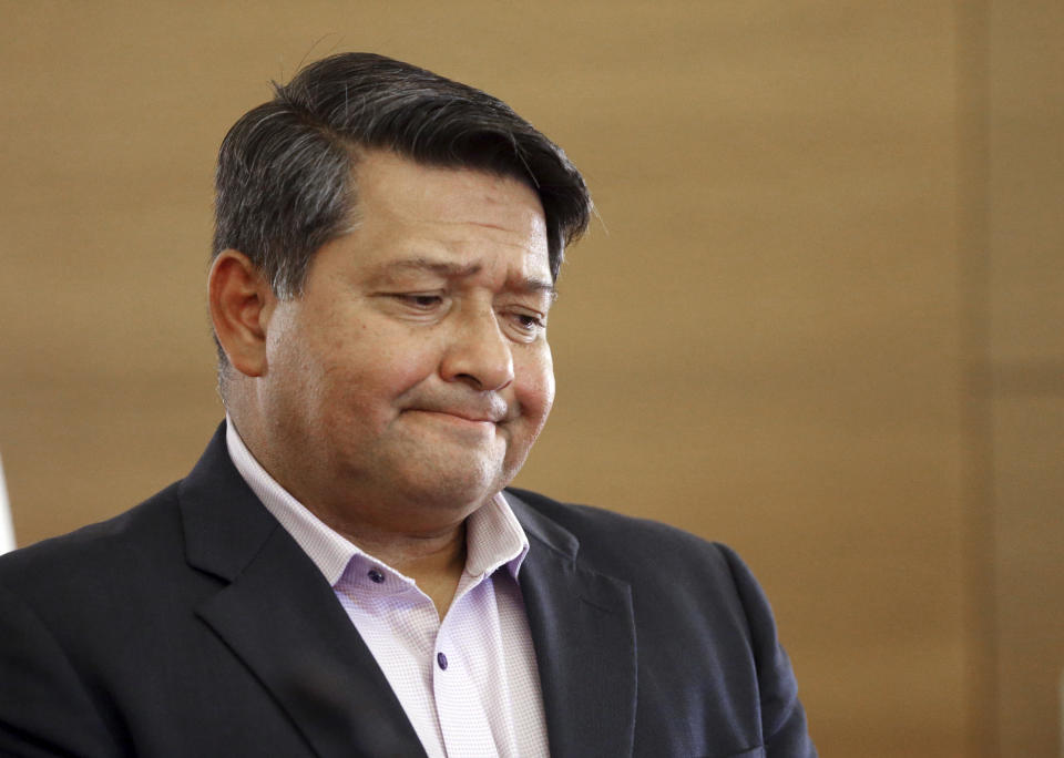 Manuel Vega, who says he was sexually abused by a priest over a five-year period decades ago, talks about his lawsuit against the Vatican, seeking the names of all offenders within the church worldwide, at a news conference in Los Angeles Thursday, Oct. 4, 2018. Vega, now 52, reached a settlement with the Archdiocese of Los Angeles in 2007, but his attorneys said Thursday that doesn't release the Vatican from responsibility. The lawsuit, filed Wednesday, Oct. 3, 2018, in federal court in California, accuses the Vatican of placing the Rev. Fidencio Silva-Flores in a position of power at Our Lady of Guadalupe Church in Oxnard, Calif., and says it should have known he posed a danger to children. (AP Photo/Reed Saxon)