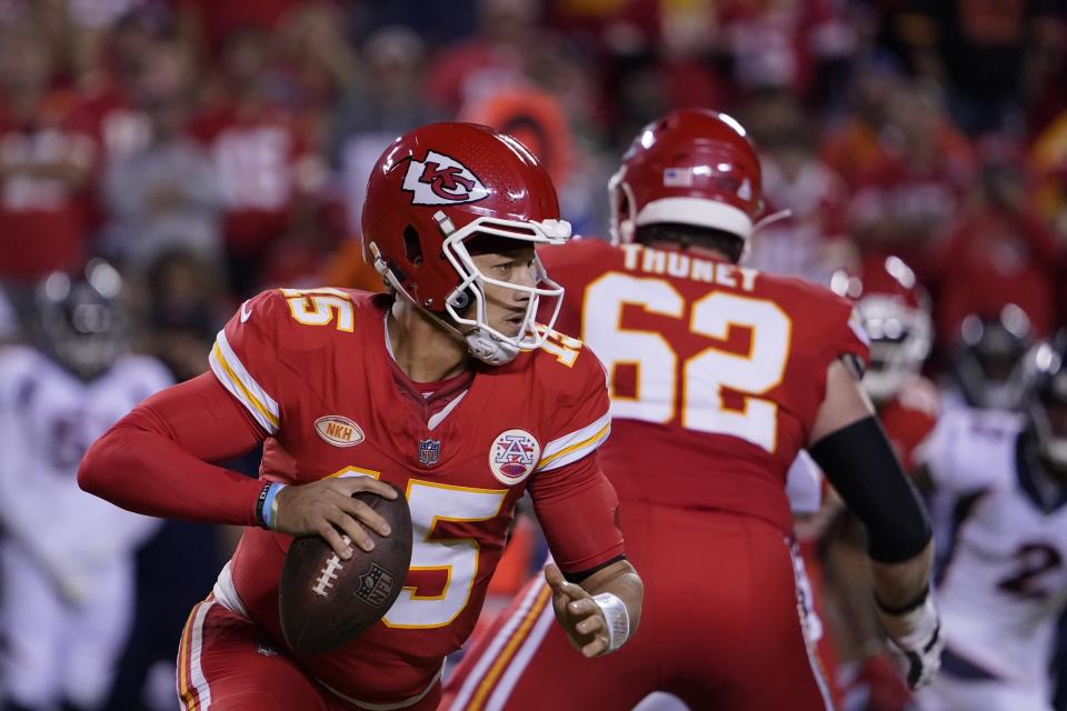 Kansas City Chiefs quarterback Patrick Mahomes throws during the second half of an NFL football game against the Denver Broncos, Thursday, Oct. 12, 2023, in Kansas City, Mo. (AP Photo/Ed Zurga)in