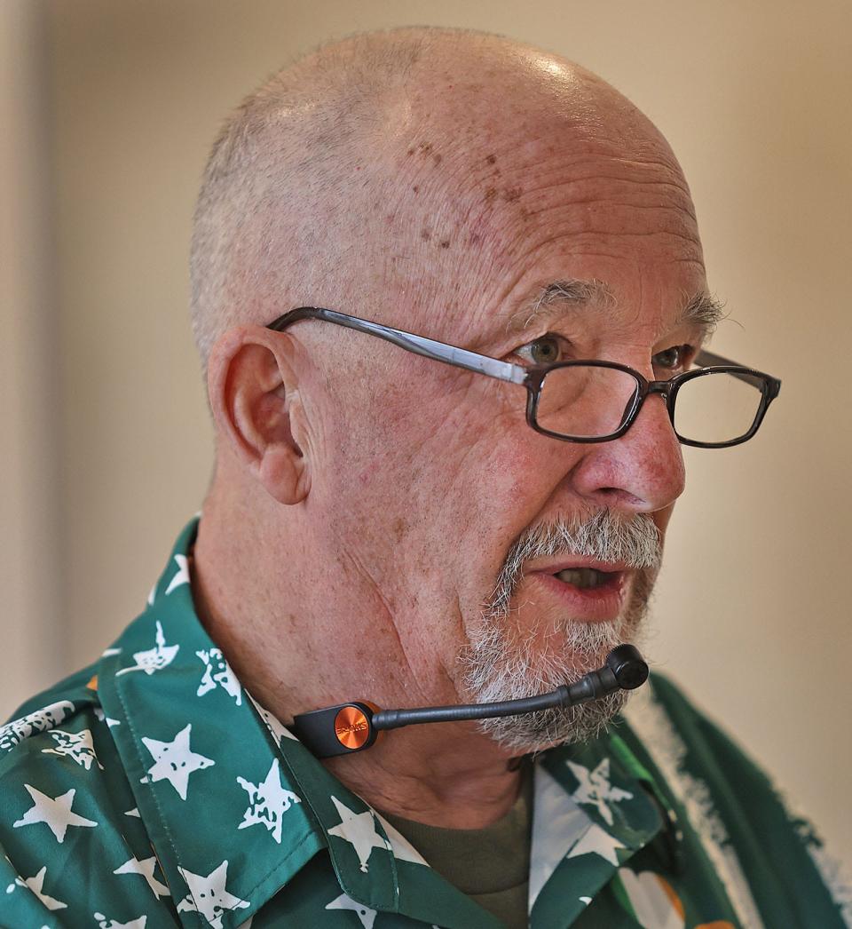 Ed Kelley, chairman of the Scituate St. Patrick's Day Parade, talks about the history of the parade at the Scituate Senior Center on Tuesday, March 5, 2024. This year's edition of the parade will take place on Sunday, March 17.