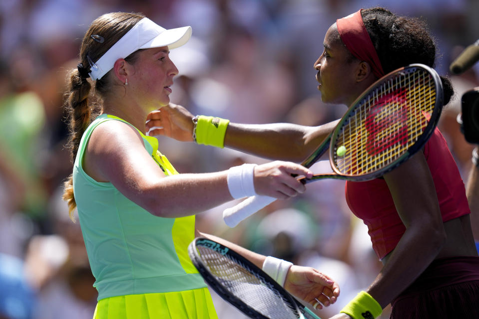 Coco Gauff, of the United States, right, hugs Jelena Ostapenko, of Latvia, after winning their quarterfinal match of the U.S. Open tennis championships, Tuesday, Sept. 5, 2023, in New York. (AP Photo/Manu Fernandez)