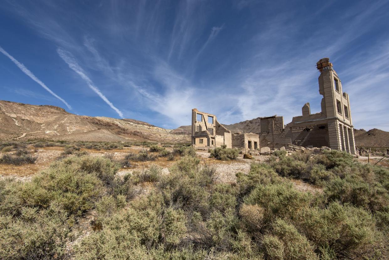 Ruined Bank building in the deserted ghost town of Rhyolite near Beatty and Death Valley.