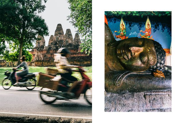 <p>Christopher Wise</p> From left: Commuters speed past Pre Rup, a 10th-century temple at Angkor; Preah Ang Thom, a 26-foot statue of a reclining Buddha housed in a pagoda on top of Phnom Kulen.