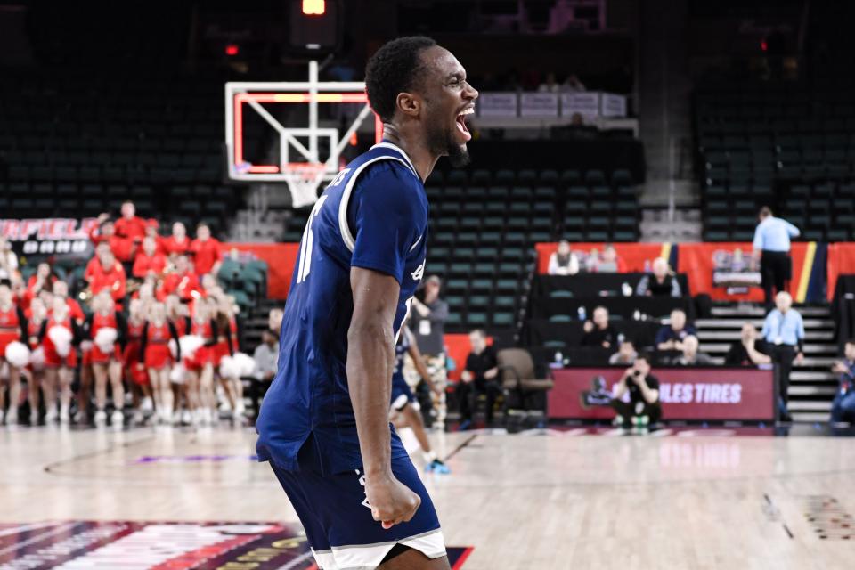 Mar 16, 2024; Atlantic City, NJ, USA; St. Peter's Peacocks forward Stephon Roberts (15) celebrates after winning the MAAC Conference final against Fairfield at Jim Whelan Boardwalk Hall. Mandatory Credit: John Jones-USA TODAY Sports