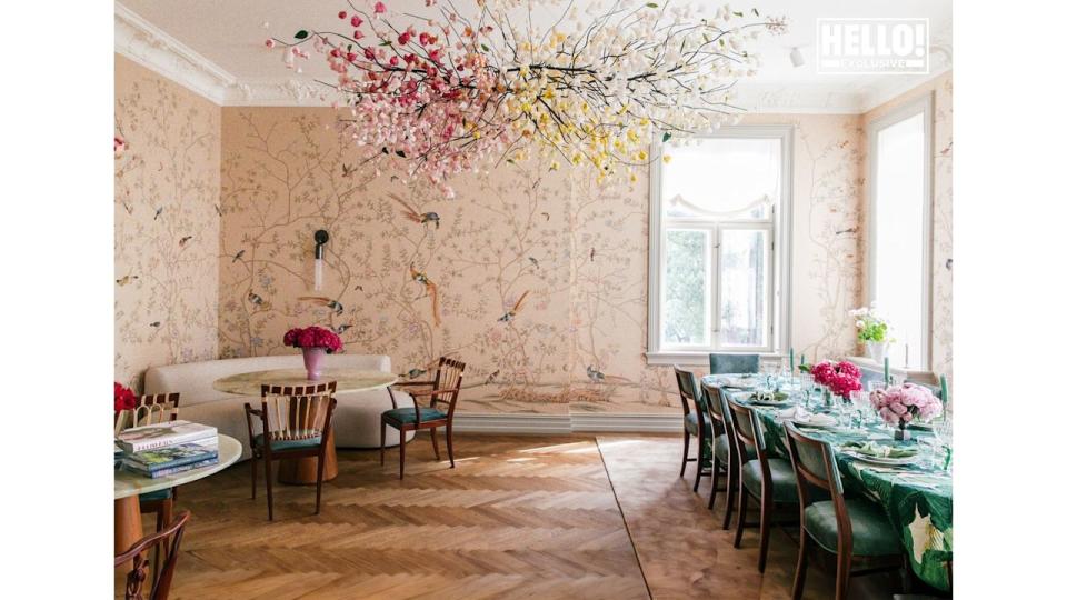 Camilla Austad Knutsen's floral dining room with flower chandelier at Oslo home