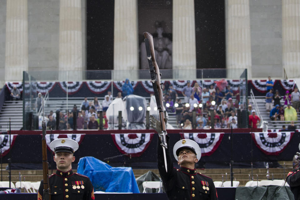 The U.S. Marine Corps Silent Drill Platoon performs during an Independence Day celebration in front of the Lincoln Memorial, Thursday, July 4, 2019, in Washington. (AP Photo/Alex Brandon)