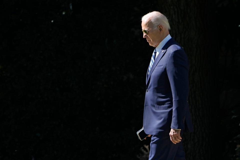 President Joe Biden walks towards Marine One on the South Lawn of the White House in Washington, Friday, Oct. 13, 2023. Biden is heading to Philadelphia to make an official announcement during an economic-themed visit. (AP Photo/Susan Walsh) ORG XMIT: DCSW105