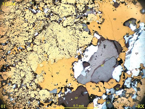 Figure 1: Example of Polished section showing Chalcopyrite (cp), Quartz (qz), Pyrite (Py), Sphalertie (sp)