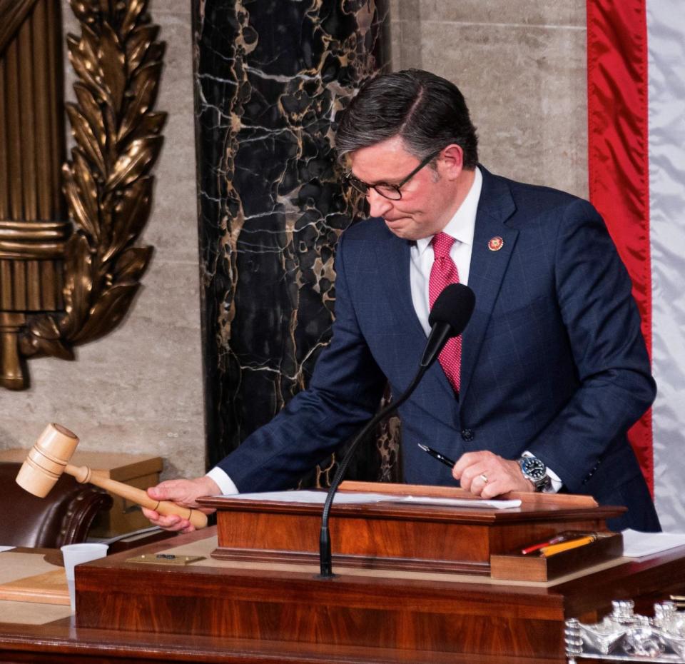 PHOTO: Newly-elected U.S. House Speaker Mike Johnson holds the gavel in the House Chamber in Washington, D.C., on Oct. 25, 2023. (Aaron Schwartz/Xinhua via Getty Images, FILE)