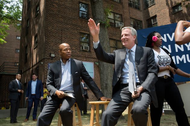 Bill de Blasio and Eric Adams, then the Brooklyn borough president, attend a groundbreaking ceremony in 2018. De Blasio quietly worked to help elect Adams as his successor. (Photo: Andrew Lichtenstein/Getty Images)