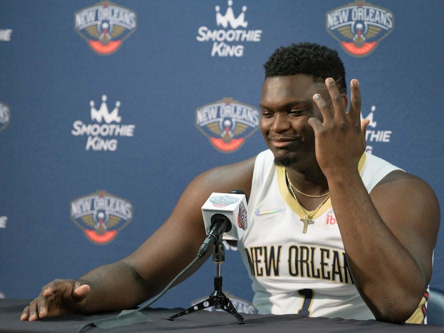 Zion Williamson speaks to reporters at Pelicans media day in 2021.