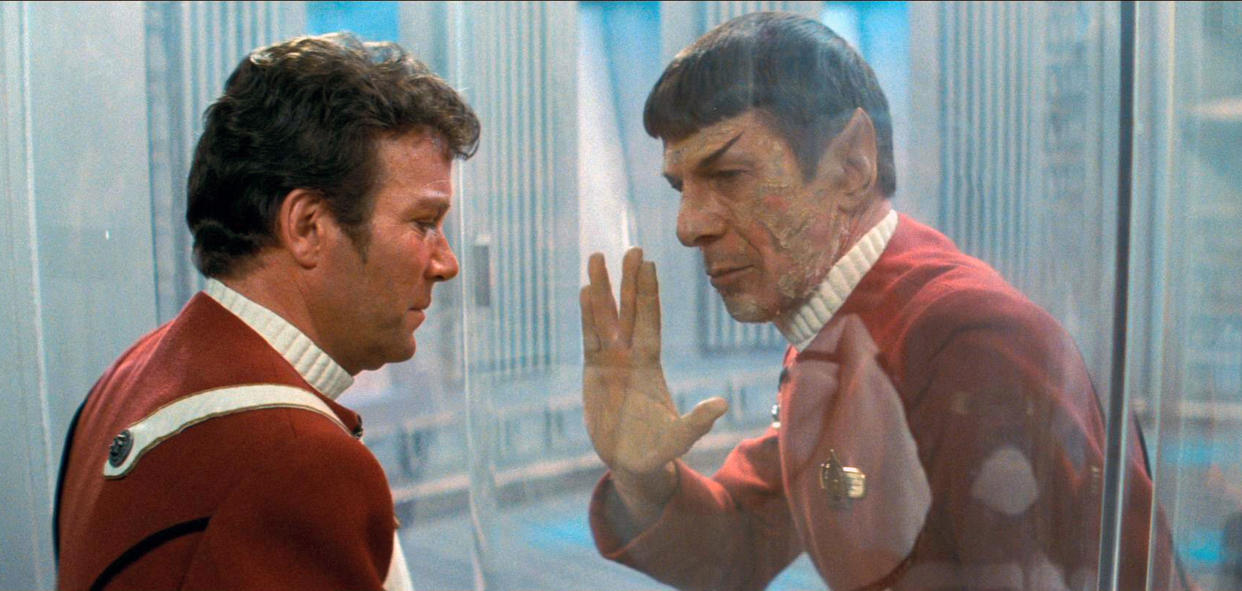 William Shatner as Admiral James T. Kirk and Leonard Nimoy as Captain Spock.