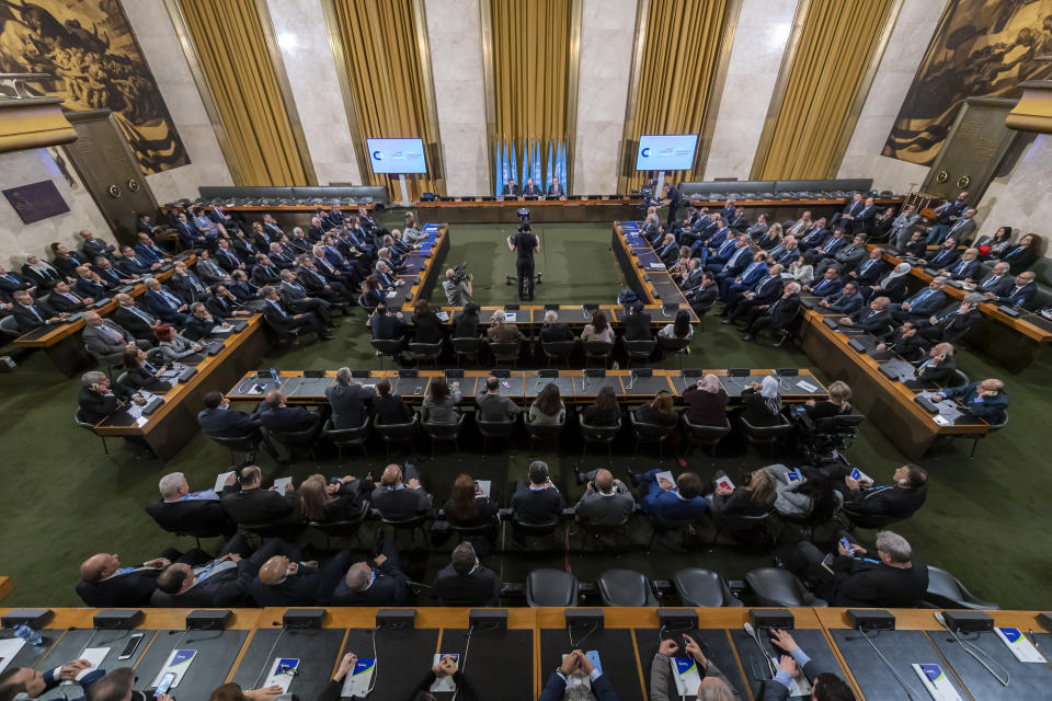 General view of the conference room for the first meeting of the Syrian Constitutional Committee at the European headquarters of the United Nations in Geneva, Switzerland, Wednesday, October 30, 2019. (Martial Trezzini/Keystone via AP)