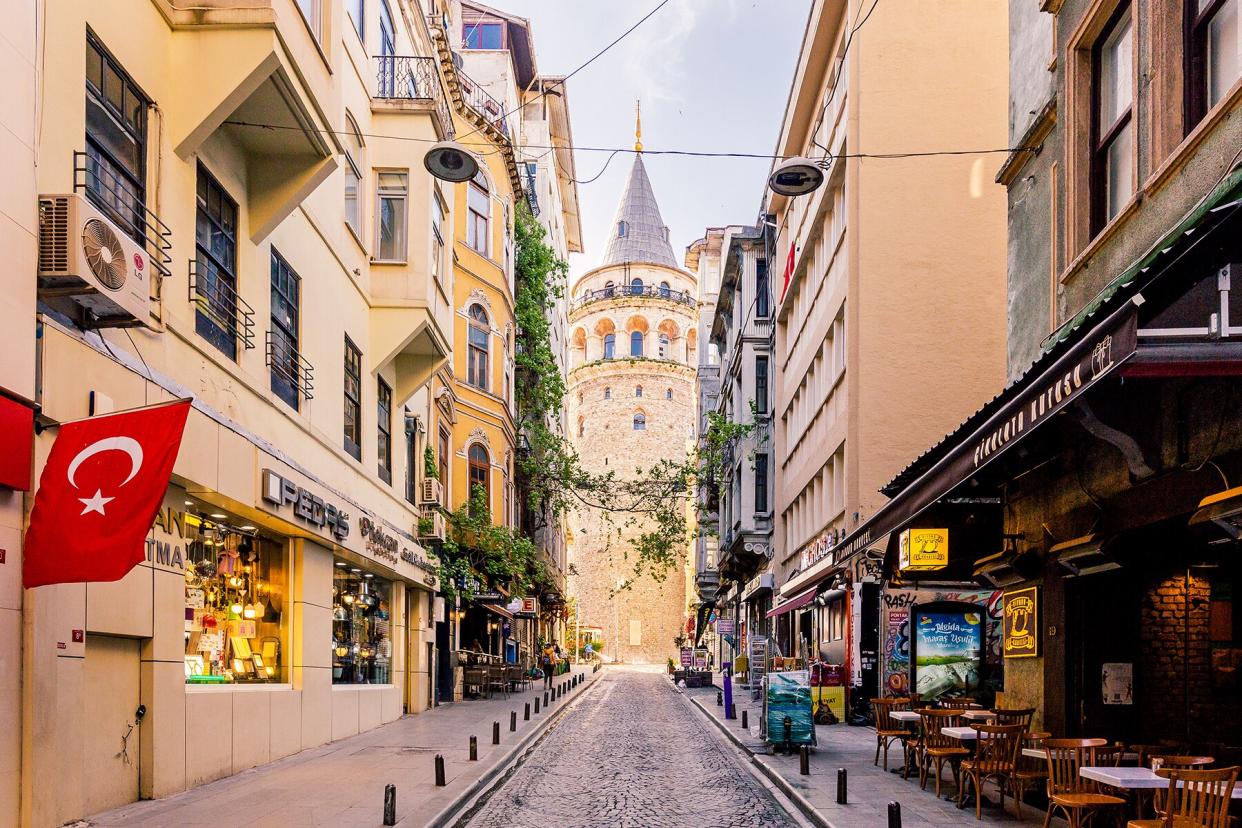 Street in Istanbul with Galata Tower in the center, Turkey