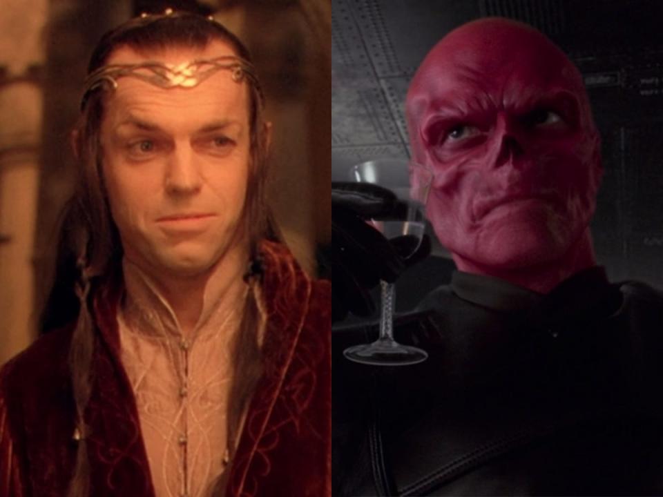 On the right: Hugo Weaving as Elrond in "The Lord of the Ring: The Fellowship of the Rings." On the right: Weaving as Red Skull in "Captain America: The First Avenger."
