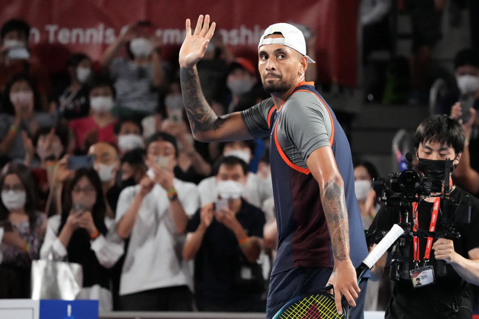 Nick Kyrgios, pictured here celebrating after his win over Chun-Hsin Tseng at the Japan Open.