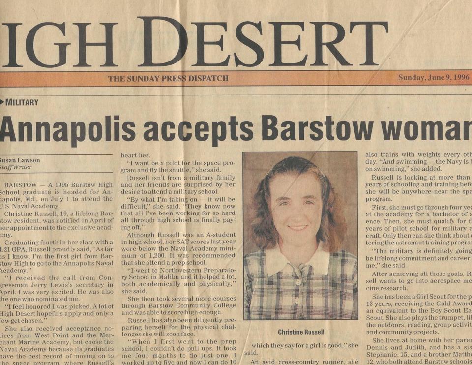 An 1996 article from The Sunday Press Dispatch reports on Christine Russell's acceptance to the U.S. Naval Academy.