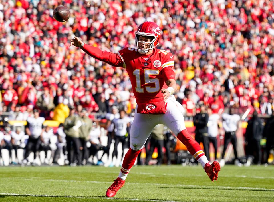 Chiefs quarterback Patrick Mahomes throws an off-balance pass against the Jaguars at GEHA Field at Arrowhead Stadium in Kansas City, Missouri.