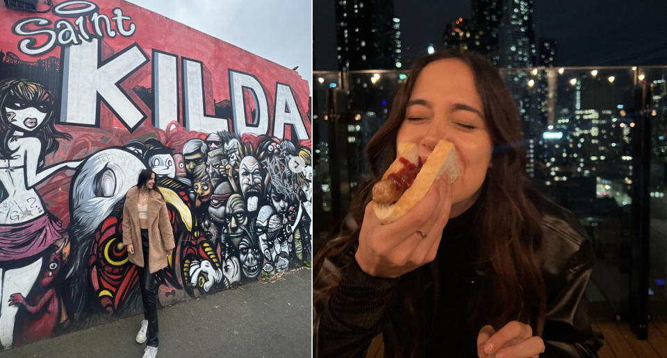 Tate Duane poses in front of a mural in St Kilda, Victoria (left) and eats a sausage in bread (right)