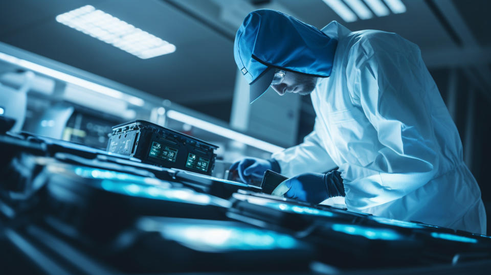 A technician in a laboratory setting testing an advanced lithium-ion battery cell.