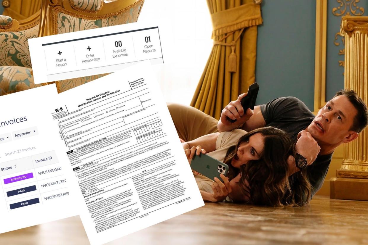 John Cena and Alison Brie roll on the floor wielding a gun at a W-9 and some invoicing pages.