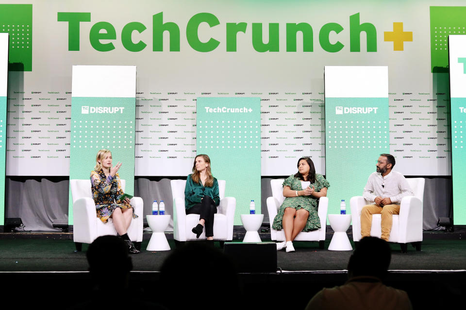 (L-R) Becca Szkutak, Senior Writer, TechCrunch, Annie Case, Partner, Kleiner Perkins, Jomayra Herrera, Partner, Reach Capital and Sheel Mohnot, Co-founder & General Partner, Better Tomorrow Ventures speak onstage during TechCrunch Disrupt 2022 on October 19, 2022 in San Francisco, California.