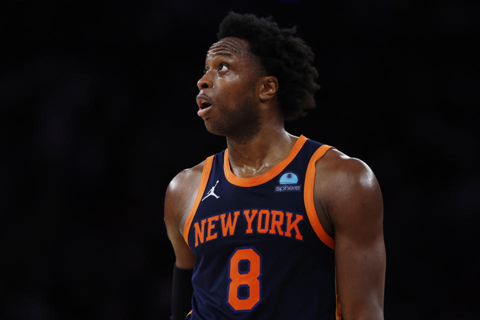 NEW YORK, NEW YORK - APRIL 22: OG Anunoby #8 of the New York Knicks looks on during the game against the Philadelphia 76ers in Game Two of the Eastern Conference First Round Playoffs at Madison Square Garden on April 22, 2024 in New York City. The Knicks won 104-101. NOTE TO USER: User expressly acknowledges and agrees that, by downloading and or using this photograph, User is consenting to the terms and conditions of the Getty Images License Agreement. (Photo by Sarah Stier/Getty Images)