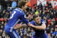 <p>Chelsea’s Gary Cahill, right, celebrates after scoring during the English Premier League soccer match between Stoke City and Chelsea at the Britannia Stadium, Stoke on Trent, England, Saturday, March 18, 2017. (AP Photo/Rui Vieira) </p>