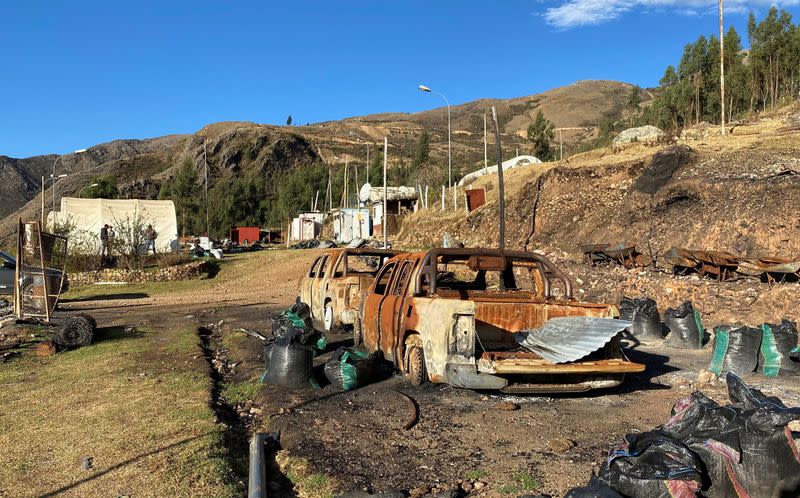 Cars burned that belong to Grupo Mexico's Southern Copper by unknown persons in Peru