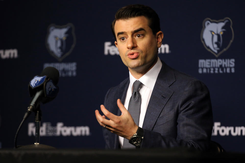 Sep 27, 2021; Memphis, TN, USA; Memphis Grizzles general manager Zach Kleiman talks with members of the media during Media Day at the FedEx Forum. Mandatory Credit: Petre Thomas-USA TODAY Sports