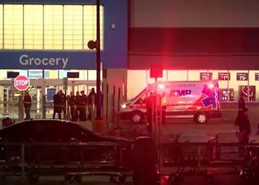 The scene outside a Walmart in Evansville, Indiana late on Jan. 19, 2023 after a shooting inside. / Credit: WEVV-TV