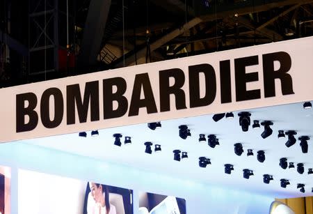 FILE PHOTO - A logo of jet manufacturer Bombardier is pictured on their booth during the European Business Aviation Convention & Exhibition (EBACE) in Geneva, Switzerland on May 22, 2017. REUTERS/Denis Balibouse/File Photo