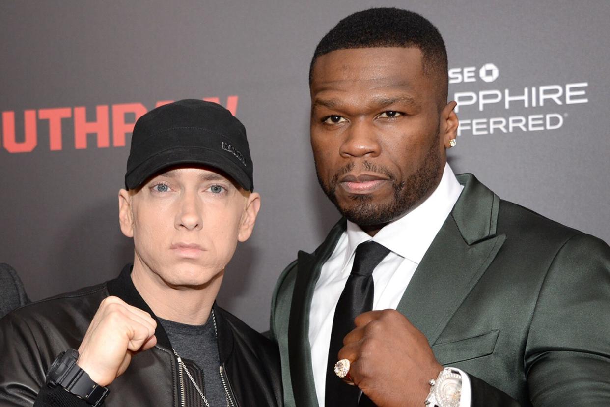 NEW YORK, NY - JULY 20: Eminem and 50 Cent attend the "Southpaw" New York premiere at AMC Loews Lincoln Square on July 20, 2015 in New York City. (Photo by Kevin Mazur/WireImage)