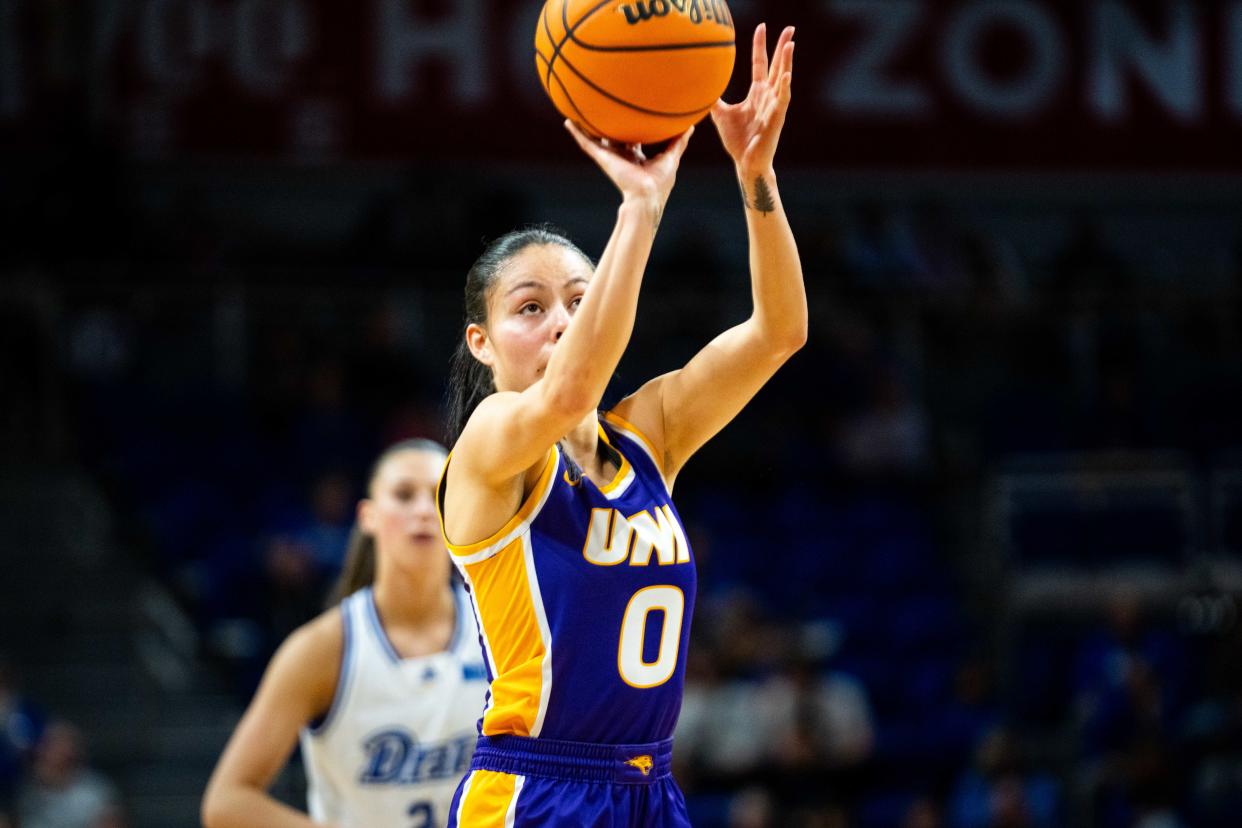 UNI's Maya McDermott takes a free throw against Drake Sunday, Feb. 25, 2024, at Knapp Center in Des Moines.