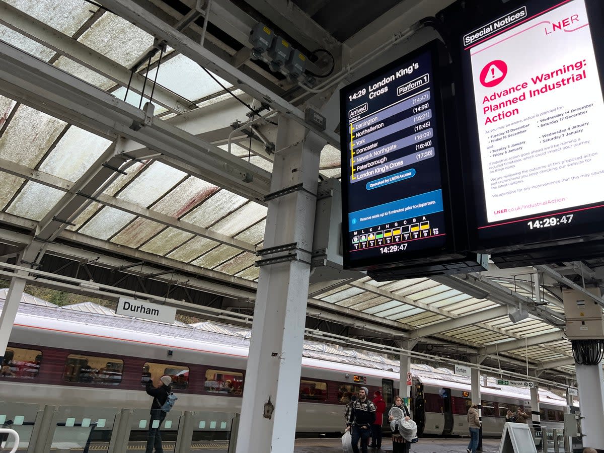 Next stop? A screen at Durham station warning of the pre-Christmas industrial action planned by the RMT union (Simon Calder)