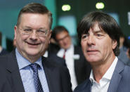 FILE - The April 15, 2016 file photo shows the President of German Soccer Federation Reinhard Grindel, left, posing with the coach of German national soccer team Joachim Loew after a meeting of the German Football Federation DFB in Frankfurt, Germany. UEFA will decide Thursday, Sept 27, 2018 on the host country for the 2024 soccer Euro. (AP Photo/Michael Probst, file)