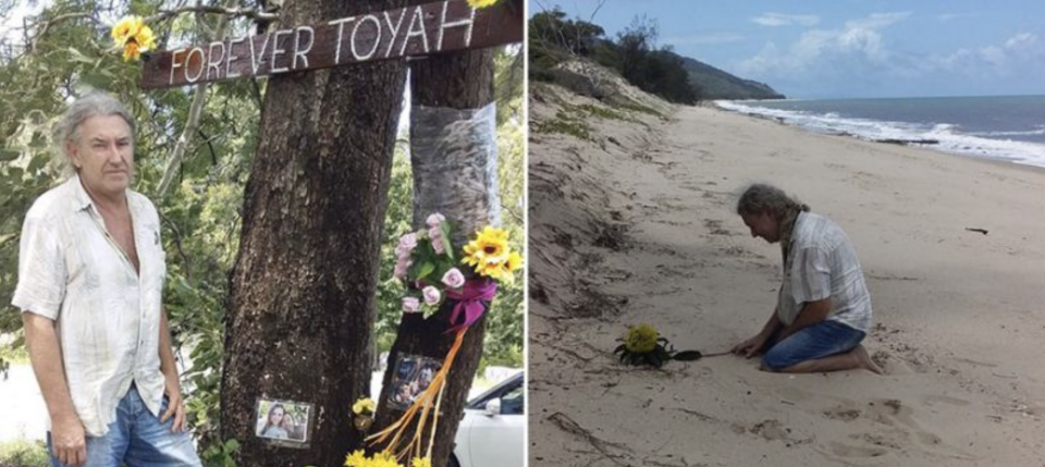 Troy Cordingley pictured with a tribute to his daughter and on Wangetti Beach. Source: Facebook