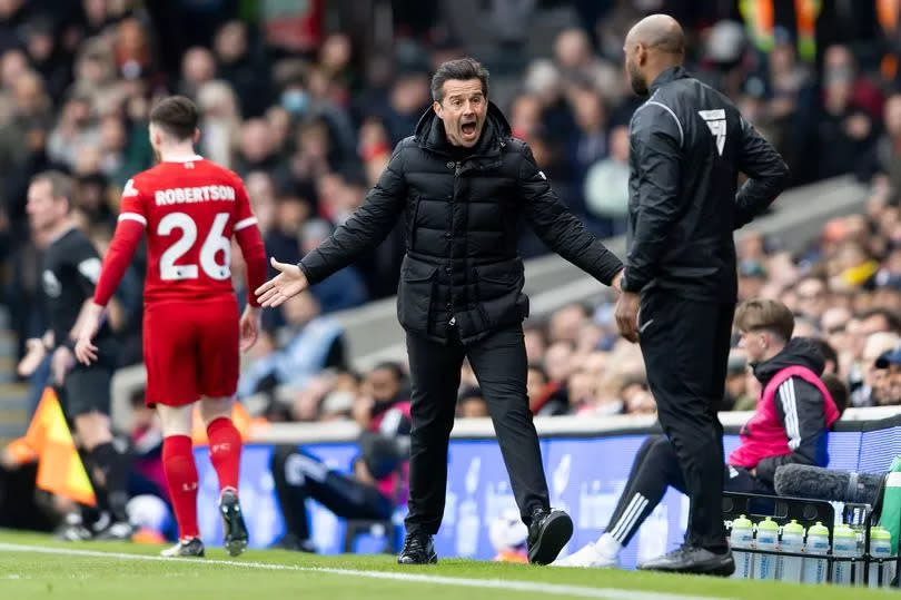 LONDON, ENGLAND - APRIL 21: Fulham manager Marco Silva reacts during the Premier League match between Fulham FC and Liverpool FC at Craven Cottage on April 21, 2024 in London, England.(Photo by Gaspafotos/MB Media/Getty Images)