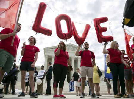 Supporters of gay marriage rally in front of the Supreme Court in Washington June 25, 2015. REUTERS/Joshua Roberts