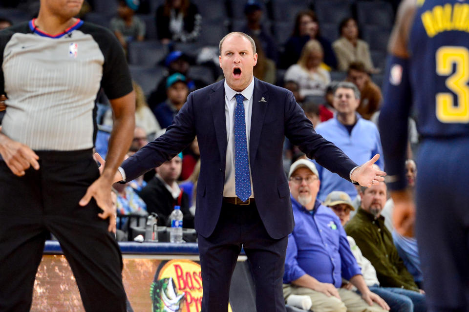 Memphis Grizzlies head coach Taylor Jenkins reacts to a referee's call in the second half of an NBA basketball game against the Indiana Pacers, Monday, Dec. 2, 2019, in Memphis, Tenn. (AP Photo/Brandon Dill)