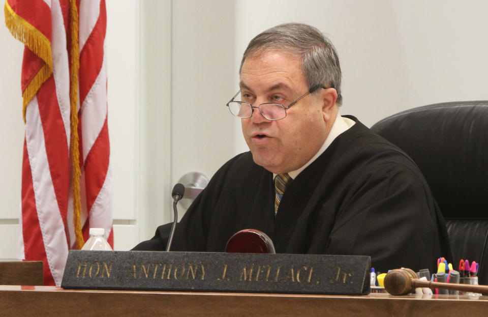 Judge Anthony J. Mellaci speaks on the bench during the first day of the Arthur E. Morgan III trial for who is charged with the murder of his daughter Tierra Morgan-Glover, Freehold, N.J., Wednesday, March 12, 2014. (AP Photo/Asbury Park Press, Tom Spader, Pool)