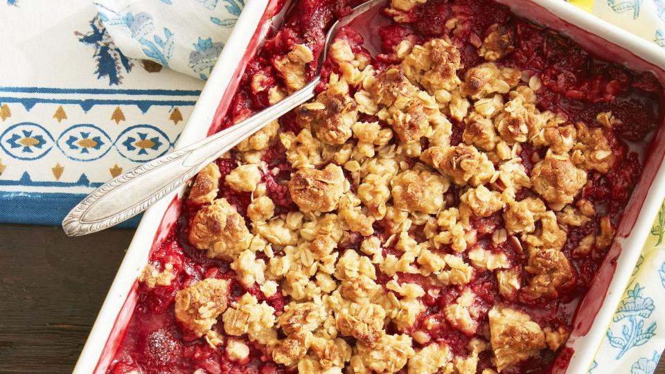 any fruit crisp baked in a rectangle pan with oat topping