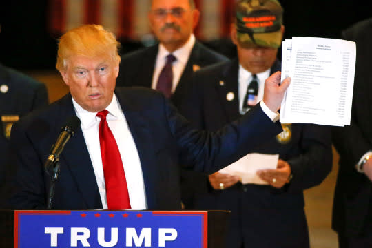 U.S. Republican presidential candidate Donald Trump holds paperwork on his veterans fundraiser during a news conference at Trump Tower in Manhattan on May 31, 2016. (Photo: REUTERS/Carlo Allegri)